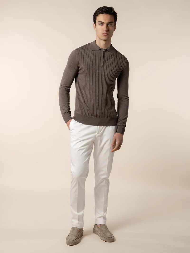 Ash Grey Cashwool Ribbed Zipper Polo LS