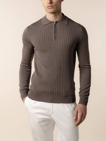 Ash Grey Cashwool Ribbed Zipper Polo LS