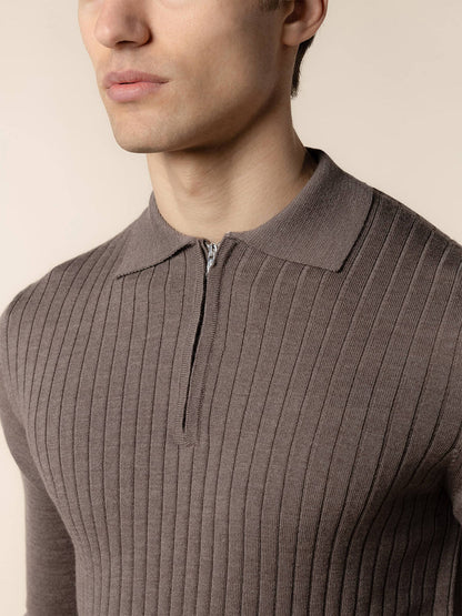 Ash Grey Cashwool Ribbed Zipper Polo LS