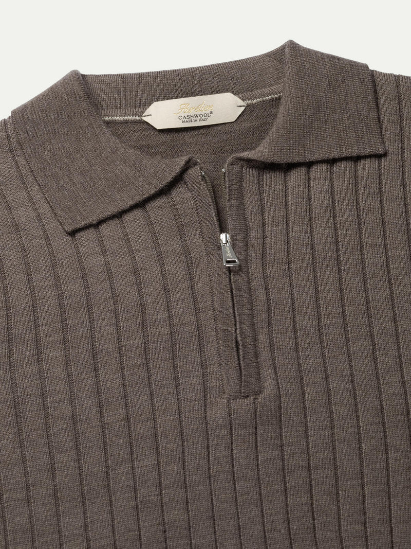 Ash Grey Cashwool Ribbed Zipper Polo LS