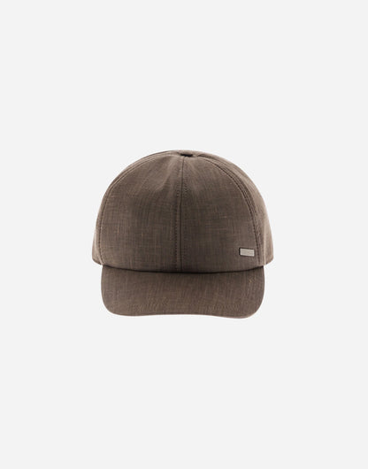 The Herno Beige Loro Piana Linen Wool Woven Cap features a curved brim, stitched panels, and a small rectangular metallic emblem on the front left, all set against a plain white background. , available at Richard Gelding Mayfair