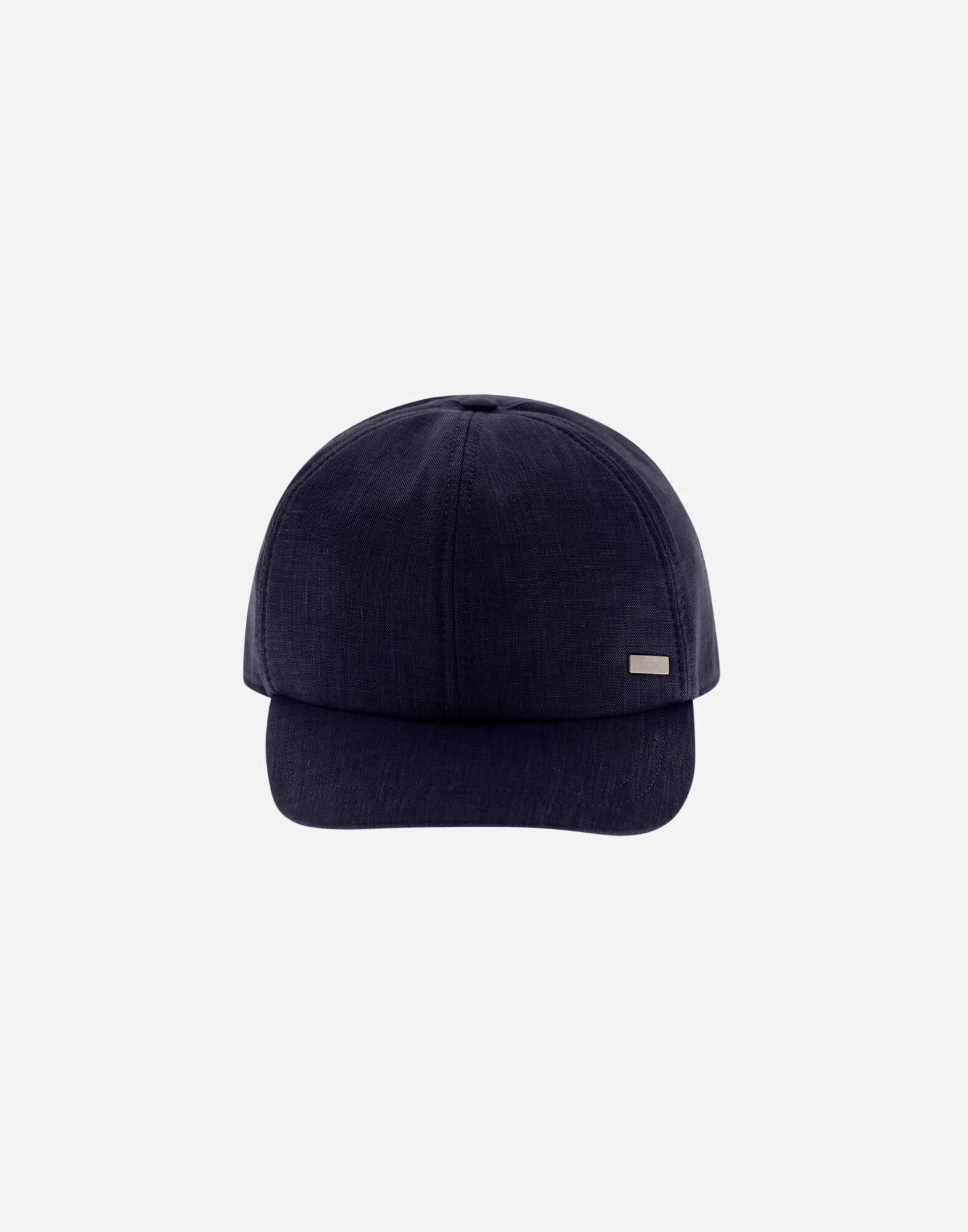 The Herno Navy Wool/Silk/Linen Loro Piana Woven Cap features a curved brim, subtle stitching, and a small rectangular metallic tag on the front left side. Set against a solid light gray background. , available at Richard Gelding Mayfair