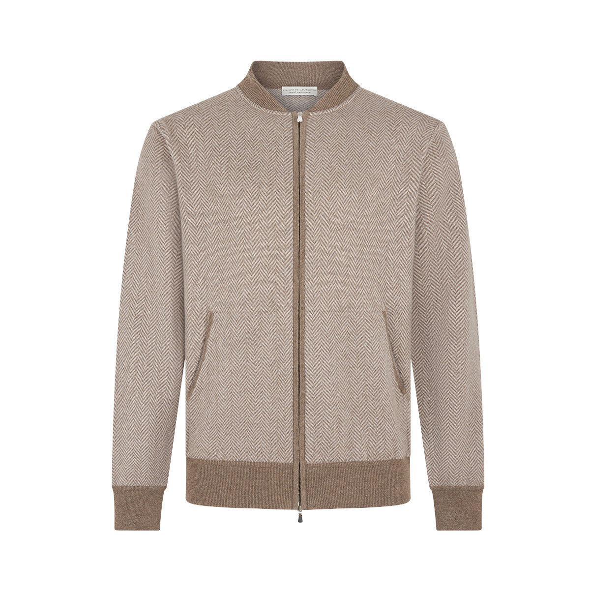 Beige/Brown Herringbone Full Zip Wool Cashmere Bomber