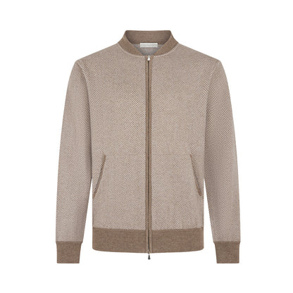 Beige/Brown Herringbone Full Zip Wool Cashmere Bomber