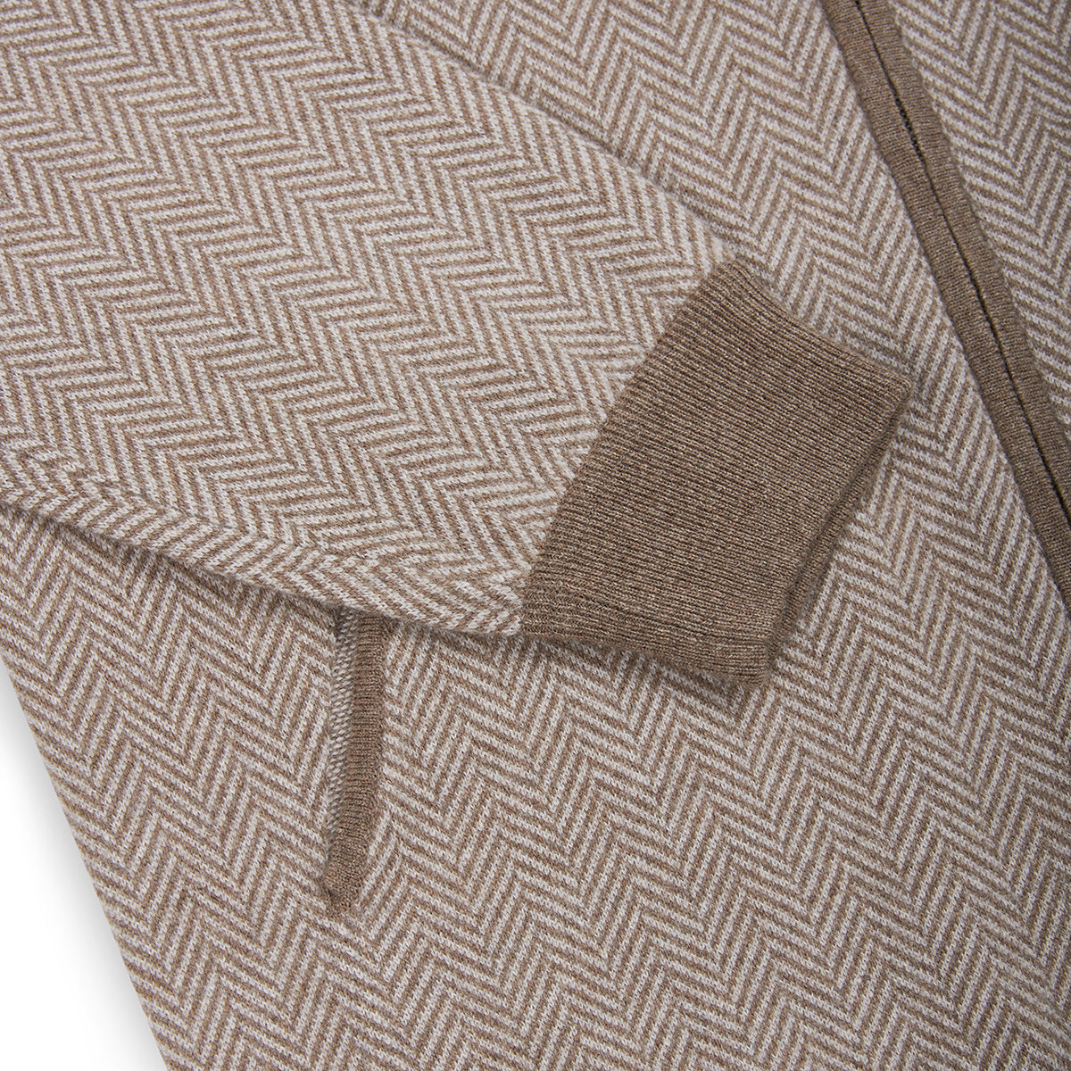 Beige/Brown Herringbone Full Zip Wool Cashmere Bomber