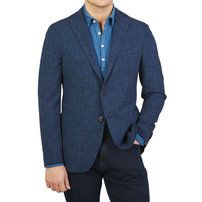 Boglioli Blue Wool Linen Puppytooth K Jacket Front