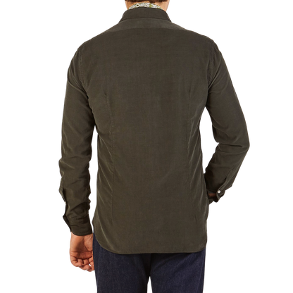 Boglioli Green Micro Cotton Corduroy Cut Away Shirt Back