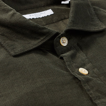 Boglioli Green Micro Cotton Corduroy Cut Away Shirt Closed