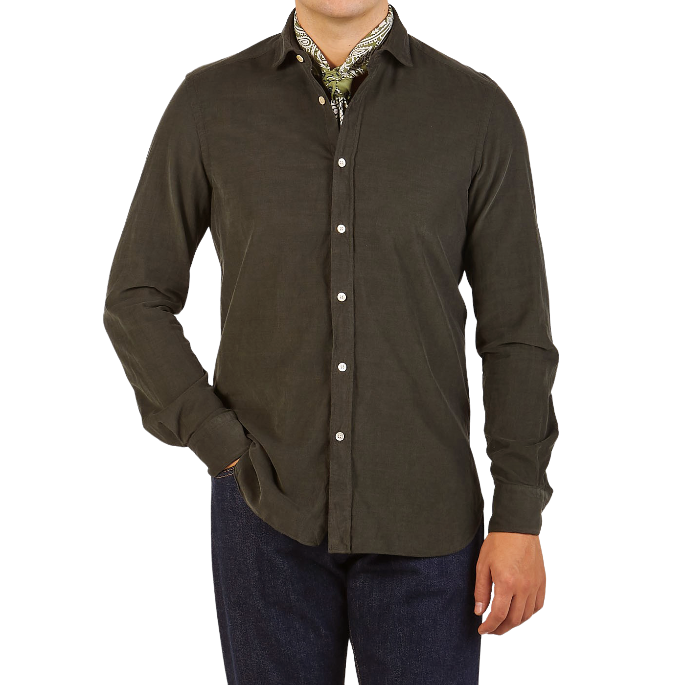 Boglioli Green Micro Cotton Corduroy Cut Away Shirt Front