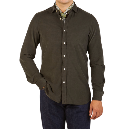 Boglioli Green Micro Cotton Corduroy Cut Away Shirt Front