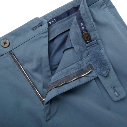 Boglioli Indigo Blue Cotton Stretch One Pleat Trousers Zipper