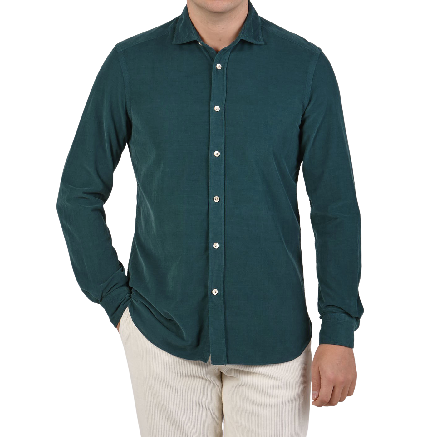 Boglioli Teal Blue Micro Cotton Corduroy Cut Away Shirt Front