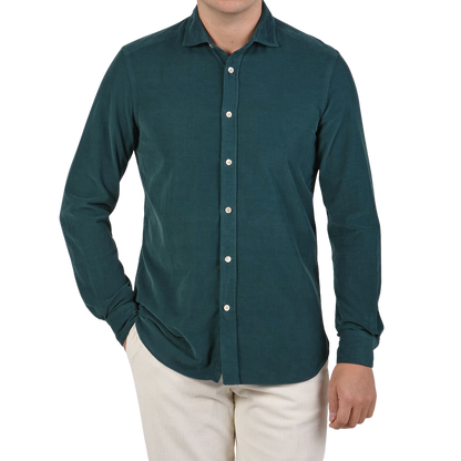 Boglioli Teal Blue Micro Cotton Corduroy Cut Away Shirt Front