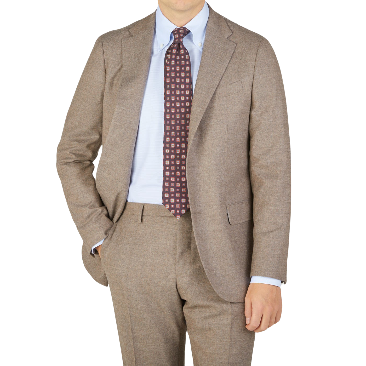 A man is posing in a seasonal Boglioli Beige Grey Wool Flannel K Suit.
