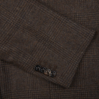 A close up of a Boglioli brown checked lambswool K Jacket suit, showcasing the exquisite craftsmanship and Italian-made quality.
