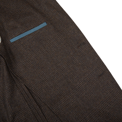 A Boglioli Brown Checked Lambswool K Jacket with a blue pocket, known for its unstructured craftsmanship and made in Italy.