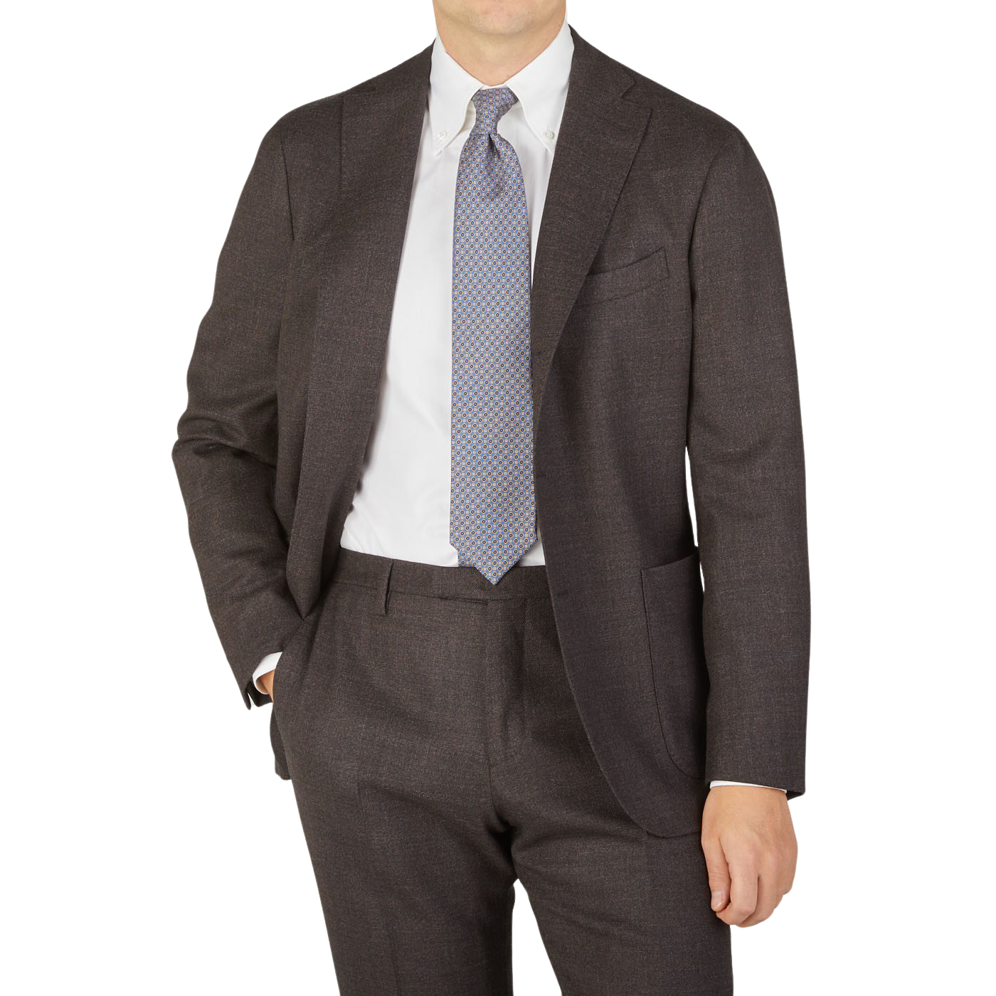 Silvio Fiorello, wearing a brown suit and a Blue Geometrical Print 36oz Silk Twill Tie.
