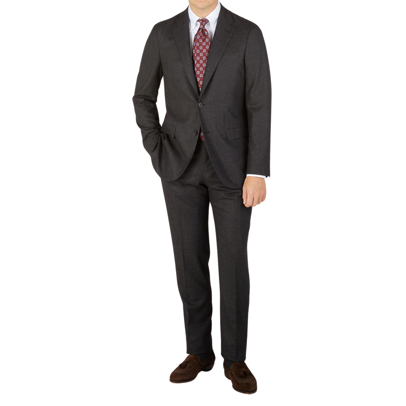 A man is posing for a picture in a Boglioli Charcoal Grey Wool Flannel K Suit.