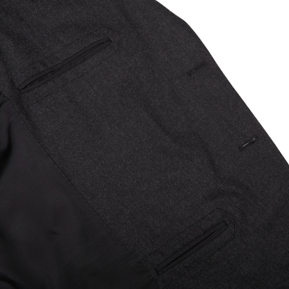 A close up of an understated Boglioli Charcoal Grey Wool Flannel K Suit.