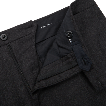 A close up of a Boglioli Charcoal Grey Wool Flannel K Suit trouser, exuding understated elegance.