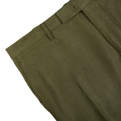 Boglioli Green Washed Irish Linen Trousers with visible waistband and stitching detail on a white background.
