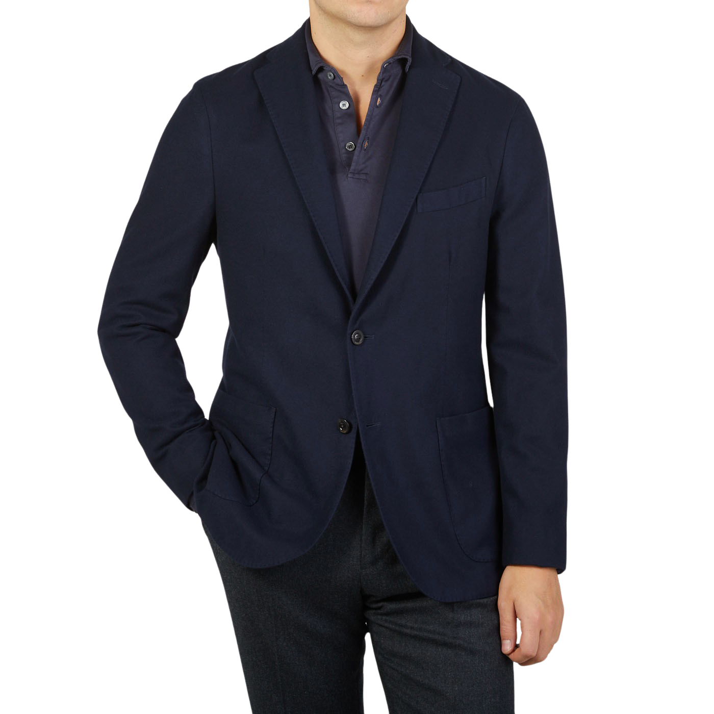 An unstructured Boglioli Navy Blue Brushed Wool K Jacket.