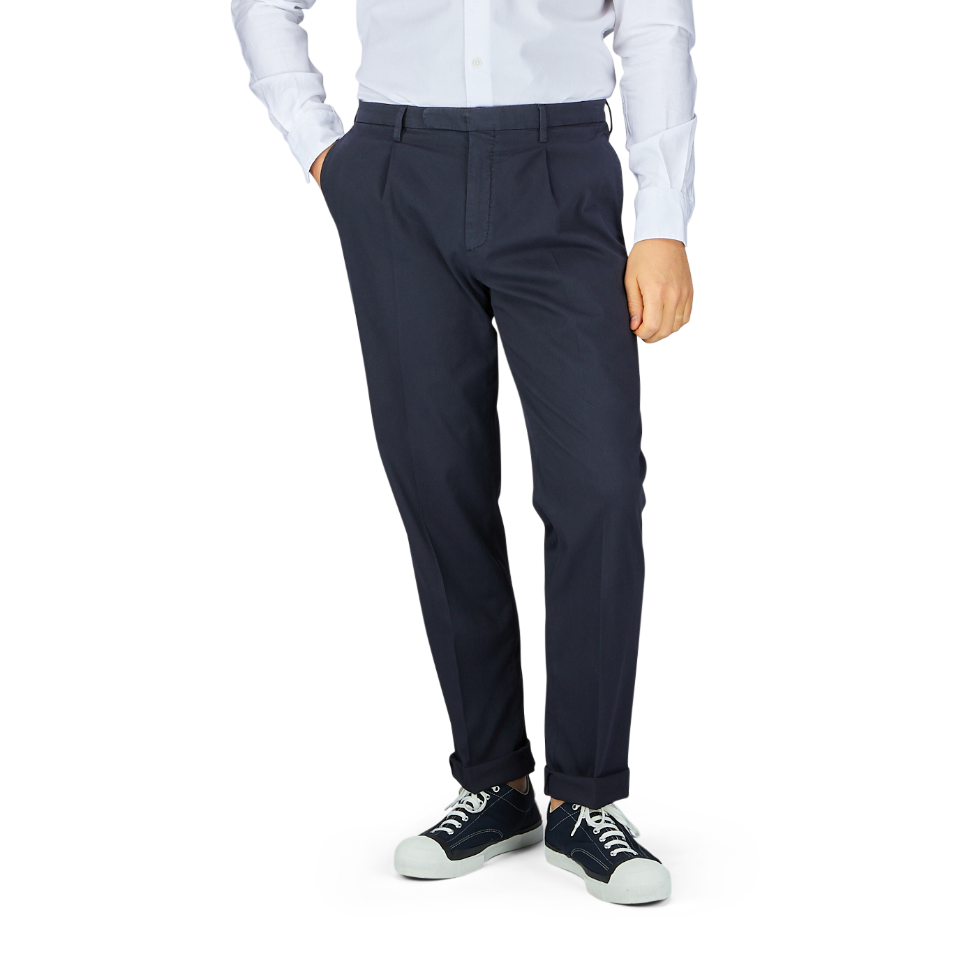 Navy Blue Washed Cotton Pleated Trousers