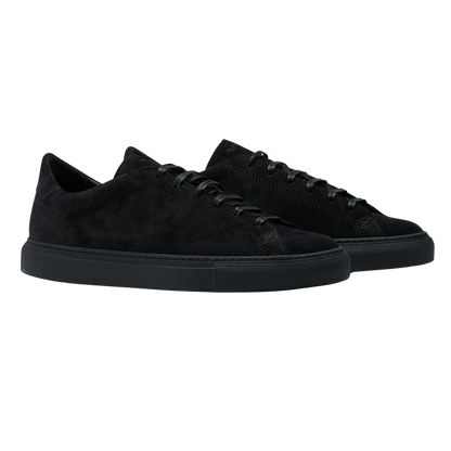 CQP's All Black Suede Racquet Sr Sneakers with arch support and stability on a white background.