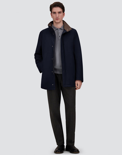 Navy Melange Twill Car Coat with Suede effect collar