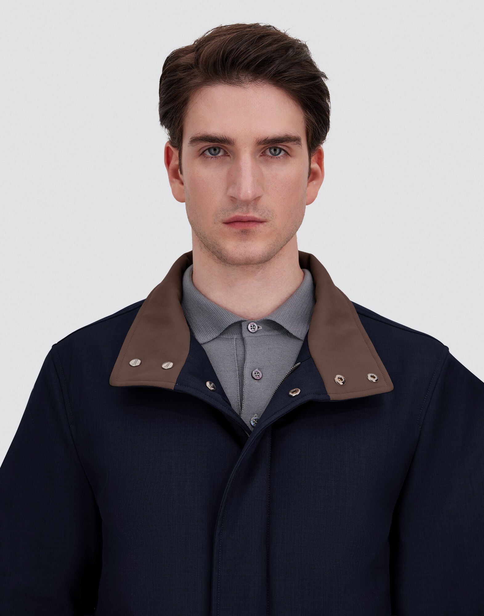 Navy Melange Twill Car Coat with Suede effect collar
