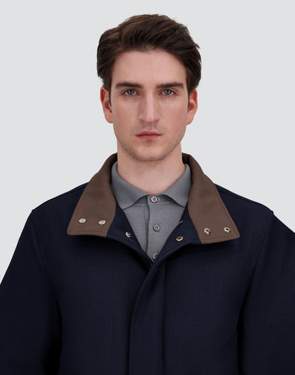 Navy Melange Twill Car Coat with Suede effect collar