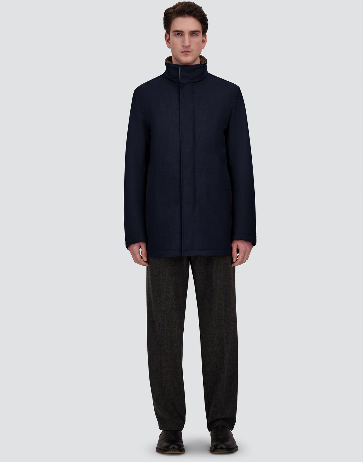 Navy Melange Twill Car Coat with Suede effect collar