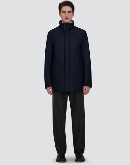 Navy Melange Twill Car Coat with Suede effect collar