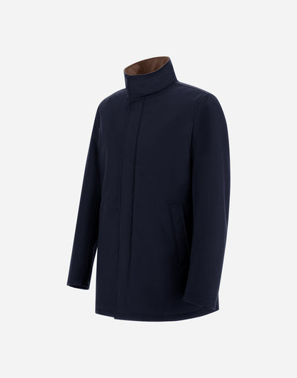 Navy Melange Twill Car Coat with Suede effect collar