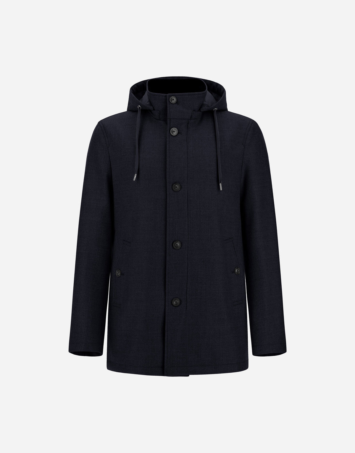 A Navy Blue Loro Piana wool and silk parka by Herno, featuring a removable hood with drawstrings, long sleeves, five black front buttons, and two front pockets with buttoned flaps. Expertly crafted in Italy, this elegant coat is displayed against a plain light gray background. , available at Richard Gelding Mayfair