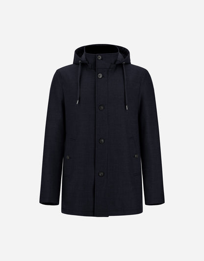 A Navy Blue Loro Piana wool and silk parka by Herno, featuring a removable hood with drawstrings, long sleeves, five black front buttons, and two front pockets with buttoned flaps. Expertly crafted in Italy, this elegant coat is displayed against a plain light gray background. , available at Richard Gelding Mayfair