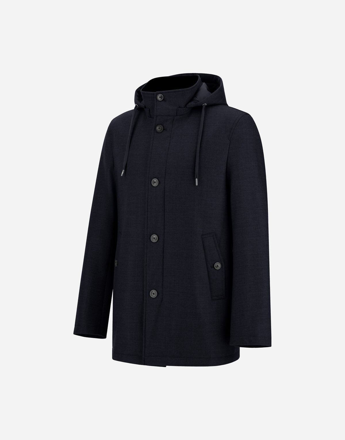 A navy blue Herno parka, crafted from luxurious Loro Piana wool and silk, featuring long sleeves, a minimalist design with a removable drawstring hood, front button closure, and two slanted side pockets. The coat is displayed against a plain light gray background. , available at Richard Gelding Mayfair