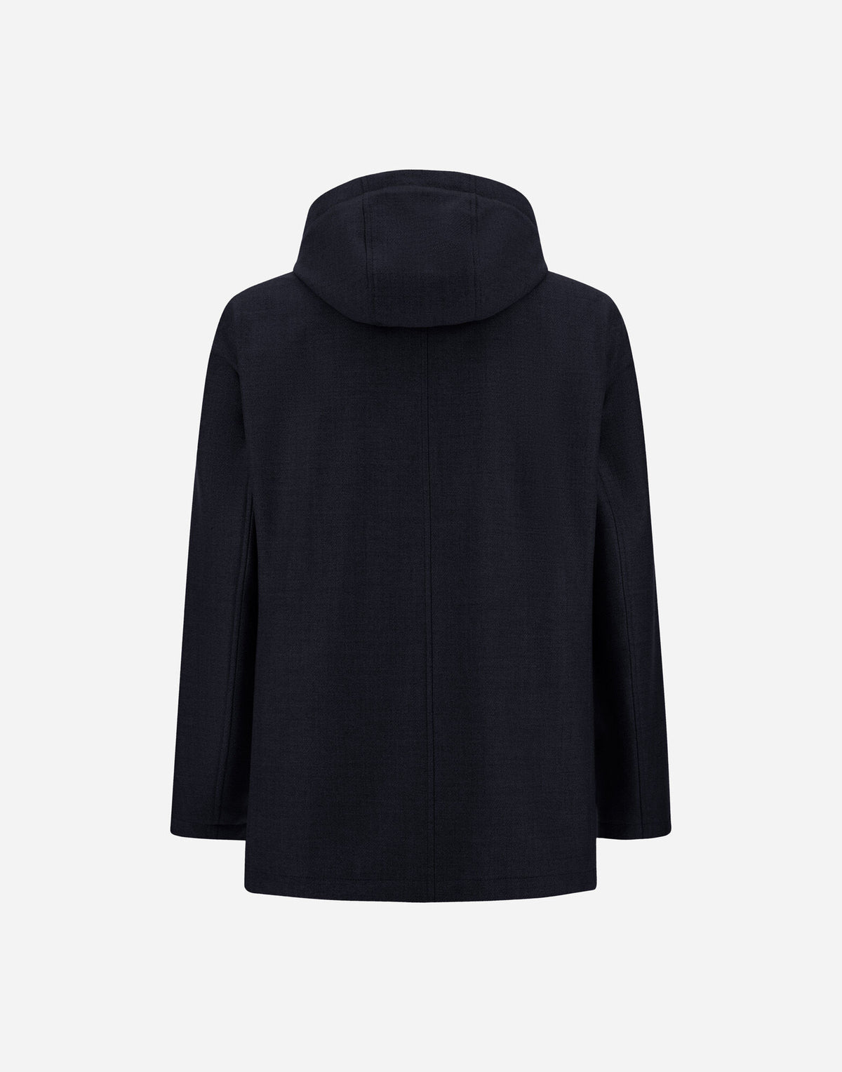 A navy blue, long-sleeved parka with a removable hood from Herno is displayed against a plain white background. The image shows the back of the coat, highlighting its straight silhouette and minimalistic design. Expertly crafted from luxurious Loro Piana wool and silk, this parka features no visible closures, pockets, or embellishments for an elegantly refined look. , available at Richard Gelding Mayfair