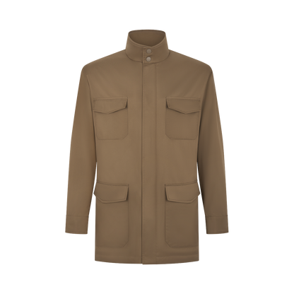 The Canali Rust Brown Nylon Four Pocket Field Coat features long sleeves, a stand collar, front snap buttons, and four flap pockets, blending weather resistance and style. Shown against a white background. , available at Richard Gelding Mayfair