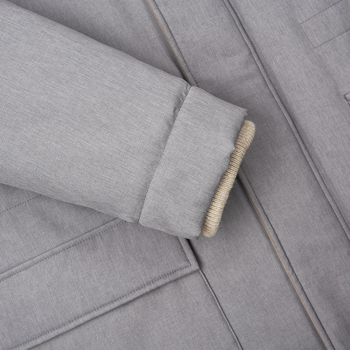 Grey Stretch Nylon Parka with Knit Details
