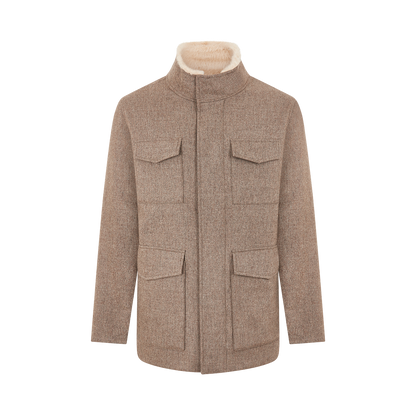 Taupe Brown Wool Four Pocket Field Jacket With Faux Fur Collar