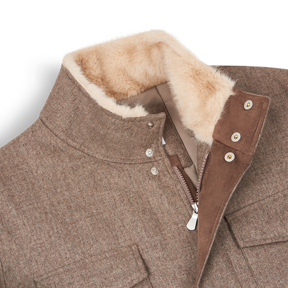 Taupe Brown Wool Four Pocket Field Jacket With Faux Fur Collar