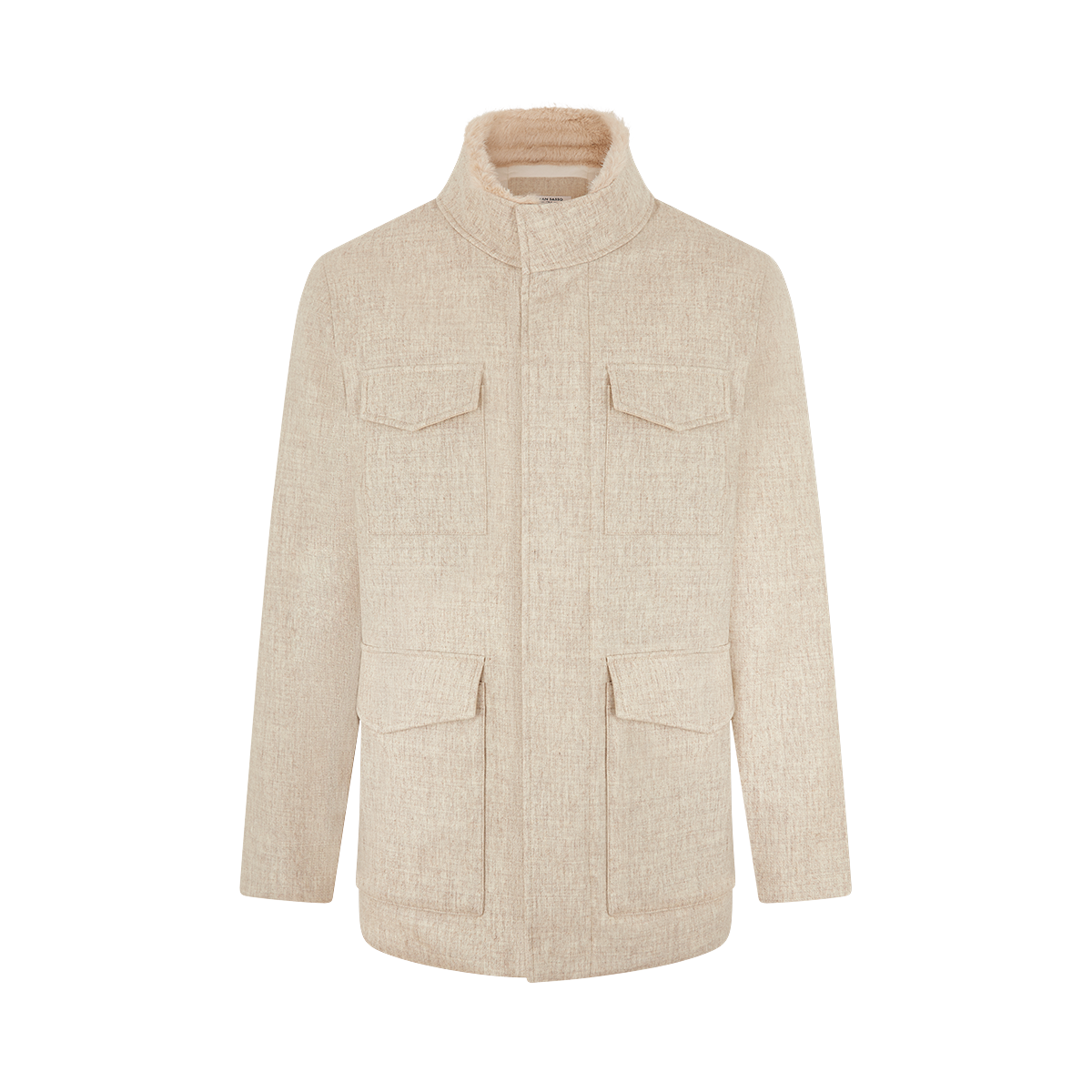 Beige Wool Four Pocket Field Jacket With Faux Fur Collar