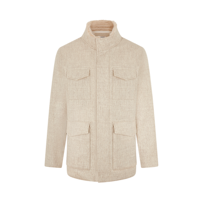 Beige Wool Four Pocket Field Jacket With Faux Fur Collar
