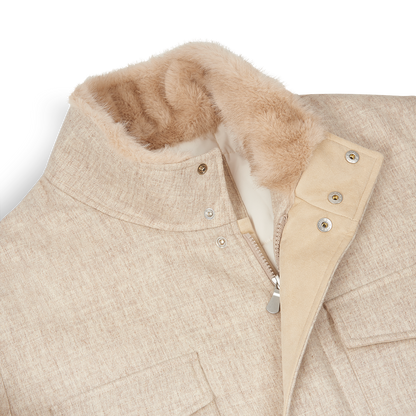 Beige Wool Four Pocket Field Jacket With Faux Fur Collar