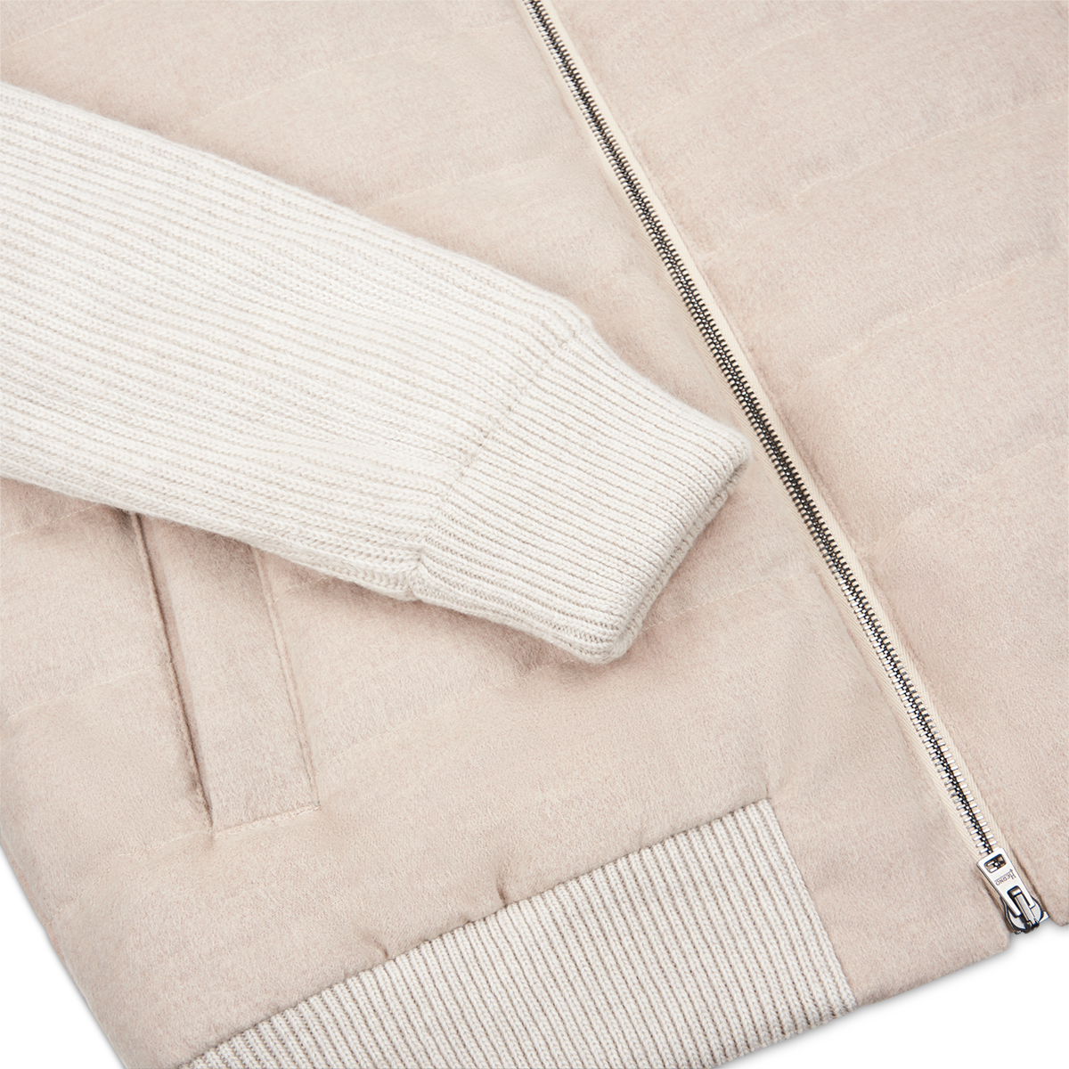 Cream Cash-Feel Knit Sleeve Padded Blouson