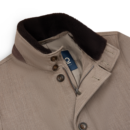 Beige Loro Piana Wool Twill Coat With Shearling Collar