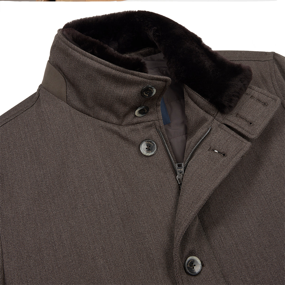 Brown Loro Piana Wool Twill Coat With Shearling Collar