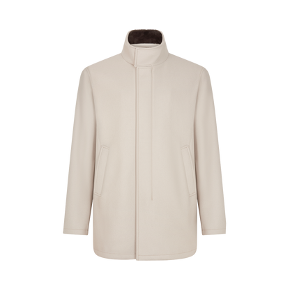 Off White Diagonal Wool Car Coat with Faux Fur Collar