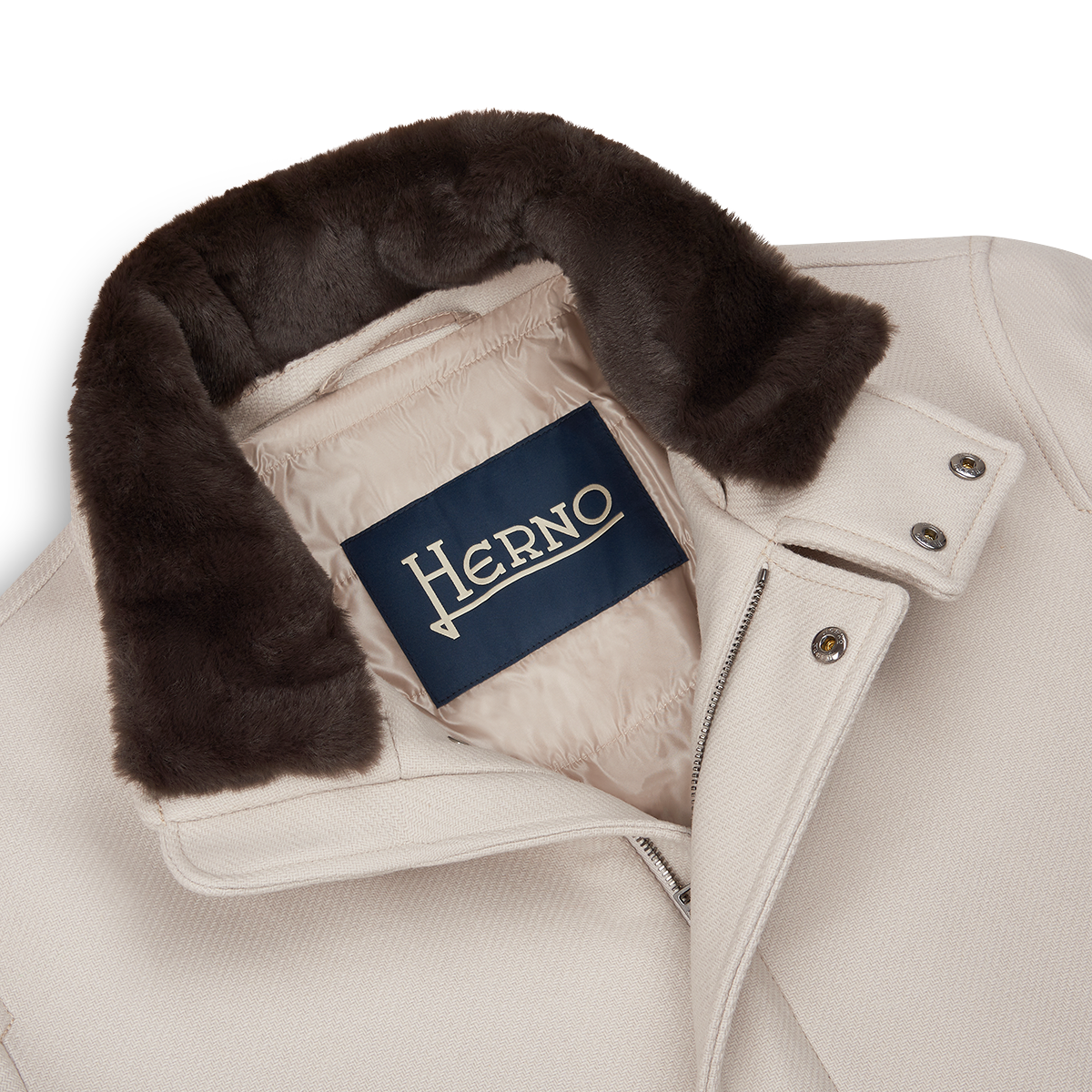 Off White Diagonal Wool Car Coat with Faux Fur Collar